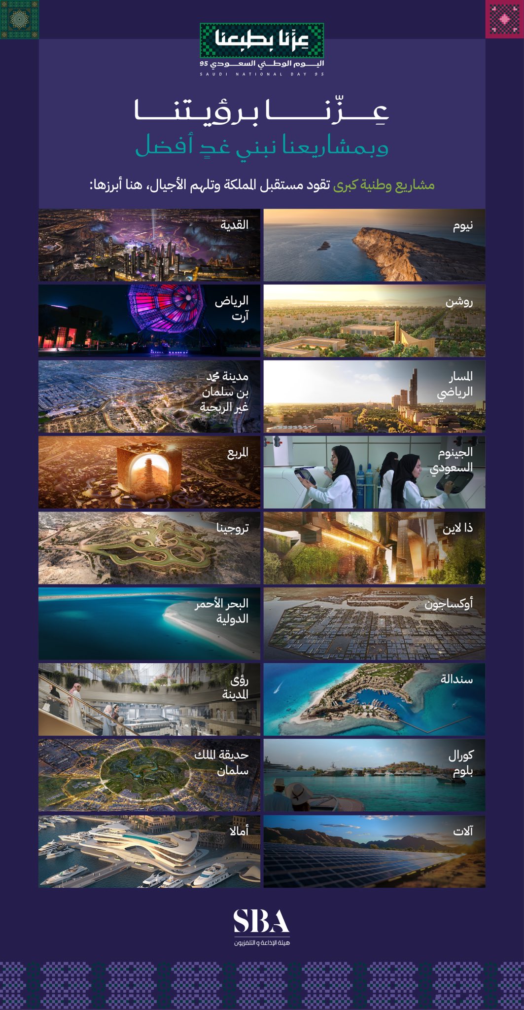 بهويتنا ورؤيتنا نصنع الغد؛ مشاريع وطنية كبرى ترسم ملامح مستقبل المملكة وتلهم الأجيال القادمة. 