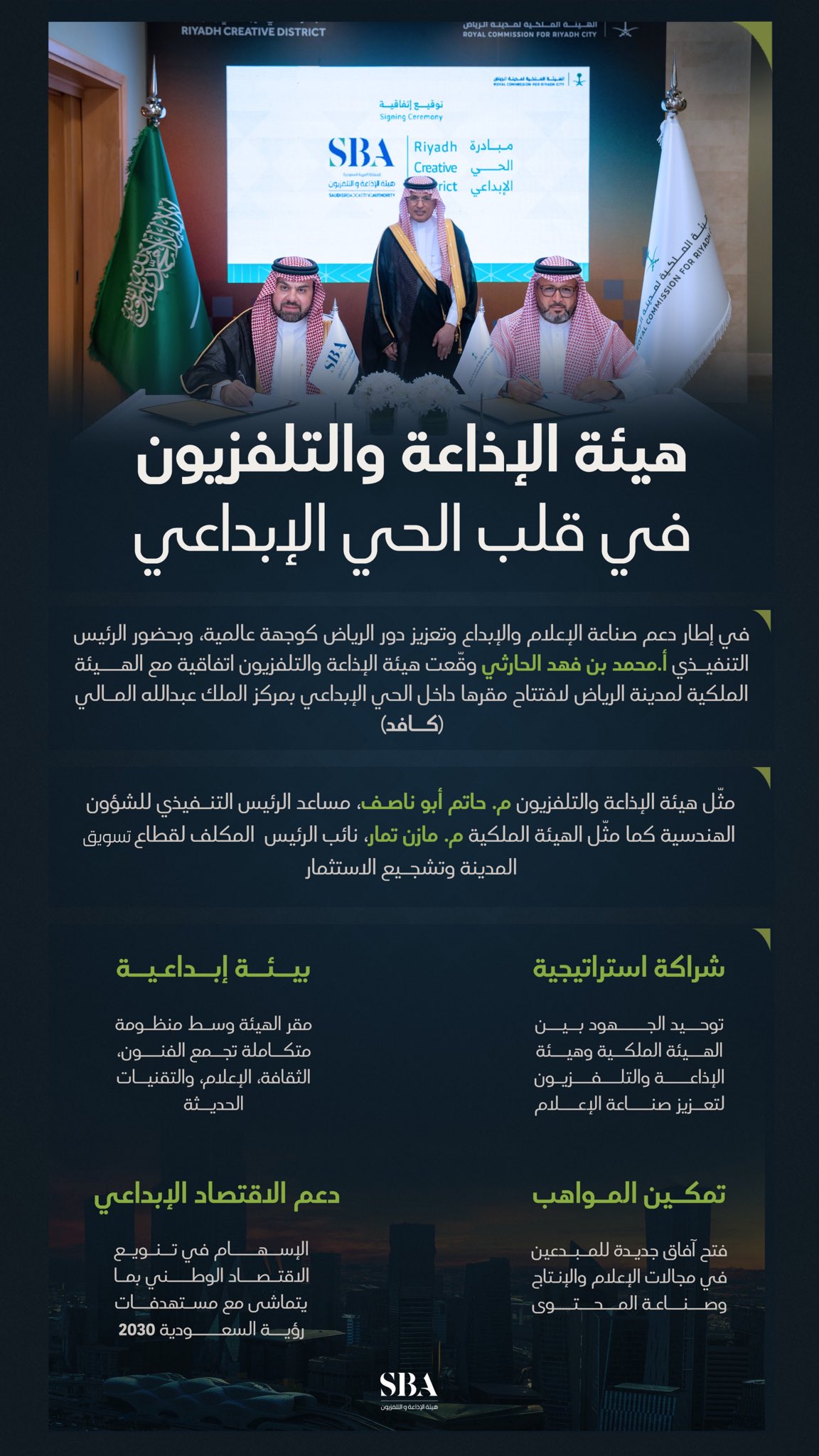 في إطار التزام الهيئة بتطوير منظومة إعلامية متكاملة وحديثة وقادرة على المنافسة عالميًا؛ بحضور الرئيس التنفيذي أ.محمد بن فهد الحارثي هيئة الإذاعة والتلفزيون توقع اتفاقية تعاون مع الهيئة الملكية لمدينة الرياض للانضمام إلى الحي الإبداعي.