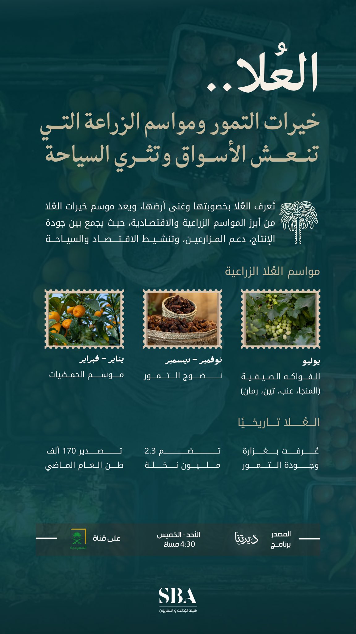 ثمارٌ تزهو؛ مواسم خيرات العلا الزراعية، حملة سنوية تُبرز الإنتاج الزراعي على مدار العام.